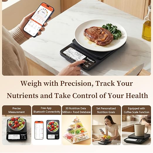 Smart Kitchen Food Scale with Nutritional Calculator, Free App & Bluetooth with 30 Nutrients, Calorie & Macro Tracking, Personalized Goals, Food Preload, Barcode Scan, Coffee Scale Mode, 11lb/5kg