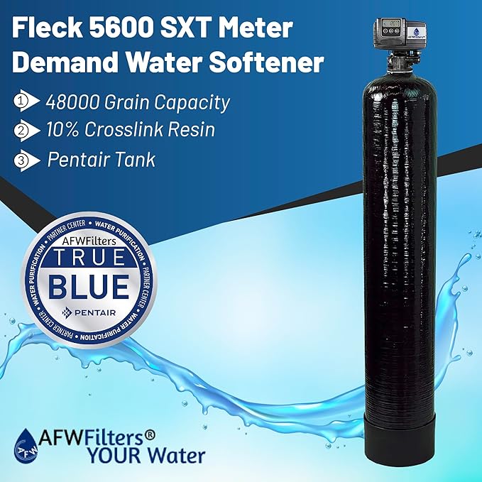AFWFilters Premium Fleck 5600 SXT Meter Demand Water Softener - 48,000 Grain Capacity with 10% Long Life Crosslink Resin