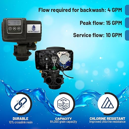 AFW Premium Fleck Whole House 64k Water Softener System - Upgraded 10% Resin 5600sxt Metered On-Demand - Efficient Water Softening System with 1" Bypass and Brine Tank - 64,000 Grain Capacity