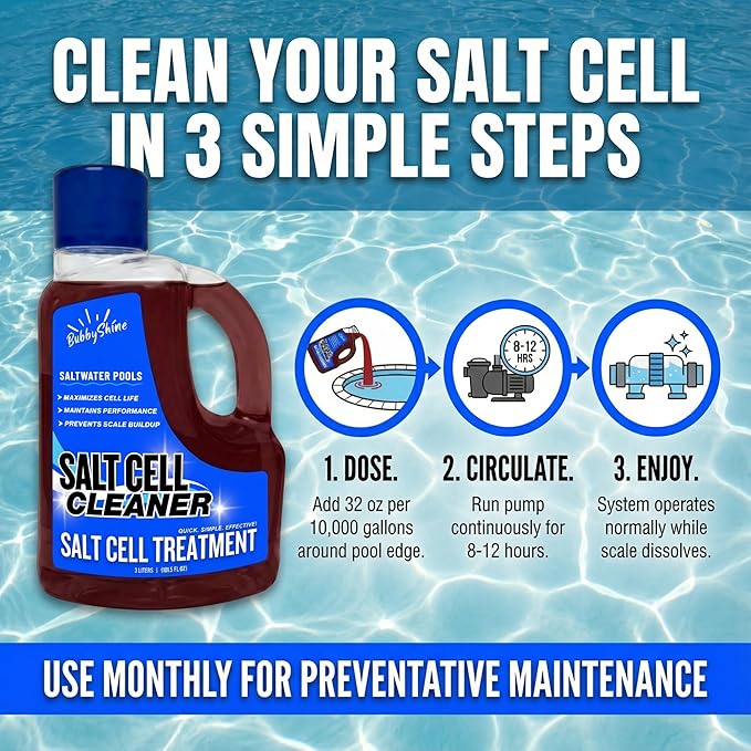 Salt Cell Cleaner for Pool, Pool Salt Cell Cleaner for Saltwater Pools, Salt Generator Cell Cleaner Solution, Helps Reduce Scale Buildup, 3 L (101.5 fl oz) - BubbyShine
