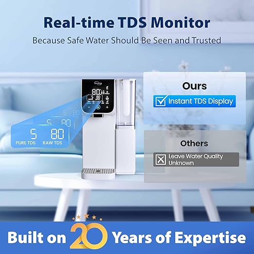 iSpring RCD100-THCW Hot & Cold Countertop Reverse Osmosis System, White, RO Water Filter Dispenser, 9 Temperature Options from 50–210°F & 6 Dispensing Volumes, TDS & Filter Life Monitor