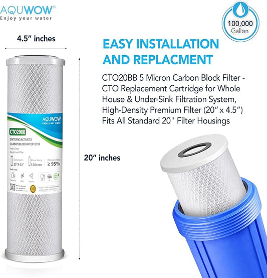 CTO20BB 5 Micron 4.5" x 20" Carbon Block Water Filter Set – Replacement Cartridges for Whole House and Under Sink Systems, Universal Standard Size (1, 20 x 4.5)