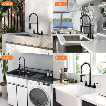 HOMELODY 2 Handles Kitchen Faucet with Pull Down Sprayer for 3 Hole Sink, 360° Rotating Spout Commercial 2 Handle Stainless Steel Kitchen Faucets with Deck Plate Black