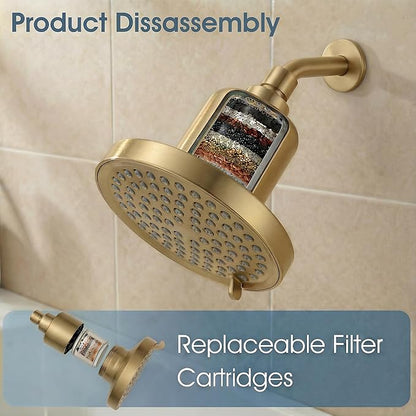 Fixed Shower Head ＆ Filter COMBO ! Anti - Chlorine Hard Water Filtered Shower Heads- 7 Sprays High Pressure Showerheads with 25 Stage Filtration (Brushed Gold)