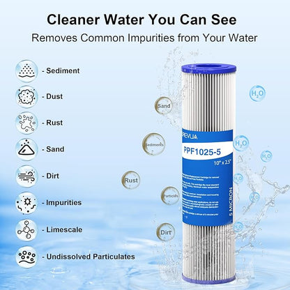 6-Pack 5 Micron Pleated Water Filter Cartridge, 10" x 2.5" Washable & Reusable PET Sediment Filter for Well Water & Whole House Pre-Filter, Compatible with WFPFC3002, WHKF-WHPL, AO-WH-PRE-RP2