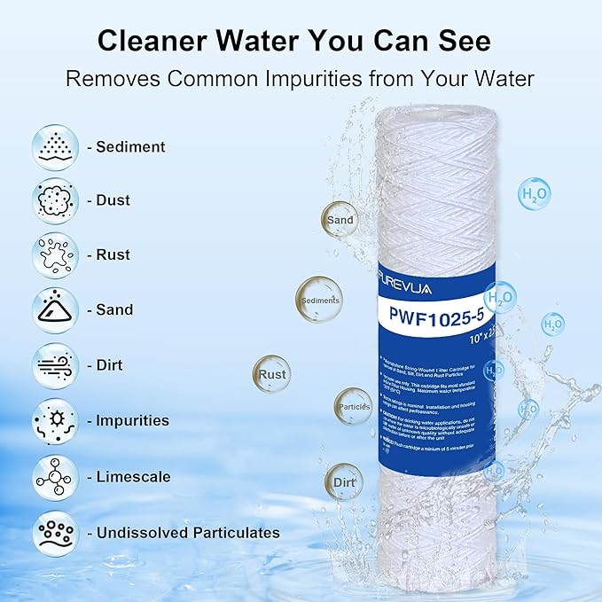 5 Micron 10"x2.5" String Wound Sediment Filter, Whole House Water Filter Cartridge for Well Water, Compatible with CW-F, AO-WH-PRE-R2, WHKF-WHSW, Fits Standard 10" Housings, 6 Pack