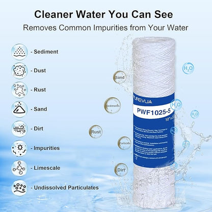 5 Micron 10"x2.5" String Wound Sediment Filter, Whole House Water Filter Cartridge for Well Water, Compatible with CW-F, AO-WH-PRE-R2, WHKF-WHSW, Fits Standard 10" Housings, 6 Pack