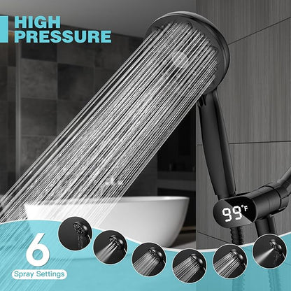JDO Handheld Shower Head with LED Display Temperature -High Flow Showerhead with 6 Different Shower Modes - Easy-to-Clean Functions - Shower Hose Shower Holder Included