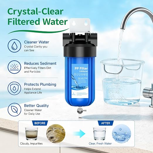 Whole House 10"x4.5" Blue PP Sediment Pre-Filter Housing with Drain Valve | Filters sediment, rust & dirt; pre-filter for city & well water with drain valve, comes with 1 pack PP filter and 2 valves