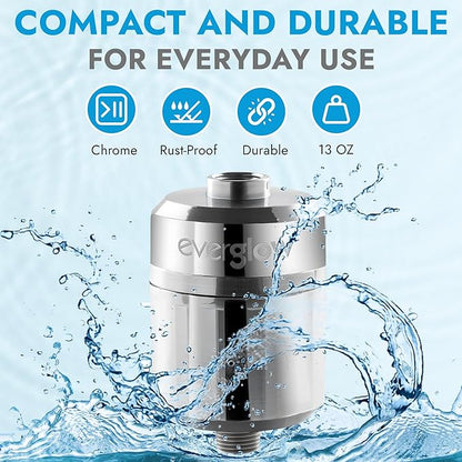 EVERGLOW High-Output Shower Filter, Reduces Chlorine, Dry Skin, Dandruff, Eczema, Heavy Metals and Vitamin C Infused for Dandruff and Softens Hard Water, 4.7”, Chrome