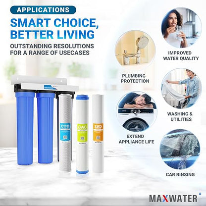 Max Water 3 Stage 20 x 2.5 Whole House Water Filtration System (Sediment, Organic Compounds, Taste & Odor) - 5 Micron PP Sediment, GAC Carbon, CTO Water Filters for Cottage Water - 3/4" Inlet/Outlet