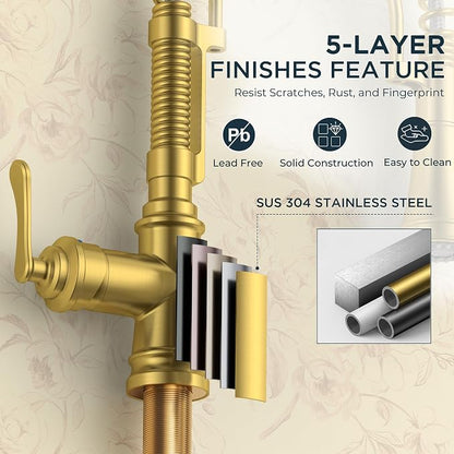 FORIOUS Gold Kitchen Faucet with Pull Down Sprayer, Stainless Steel Single Handle Spring Antique Brass Kitchen Sink Faucet with Deck Plate for 1 or 3 holes, Sutiable for Farmhouse, RV, Camper, Wet Bar