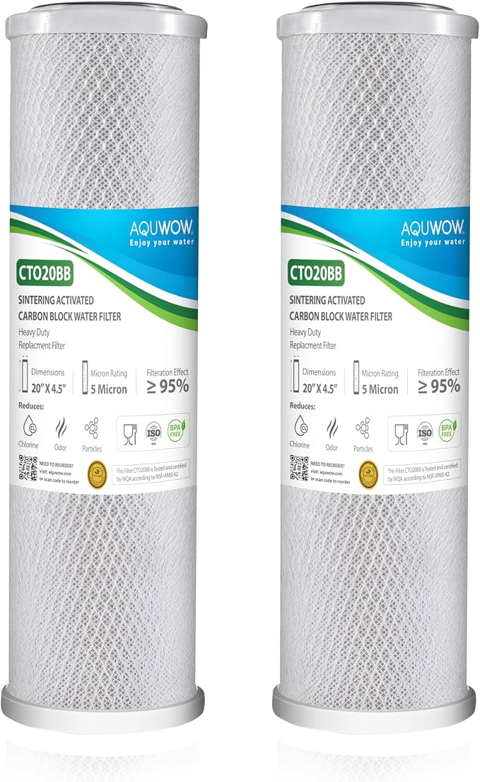 CTO20BB 5 Micron 4.5" x 20" Carbon Block Water Filter Set – Replacement Cartridges for Whole House and Under Sink Systems, Universal Standard Size (2, 20 x 4.5)