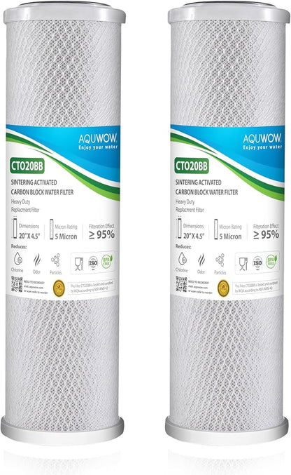 CTO20BB 5 Micron 4.5" x 20" Carbon Block Water Filter Set – Replacement Cartridges for Whole House and Under Sink Systems, Universal Standard Size (2, 20 x 4.5)