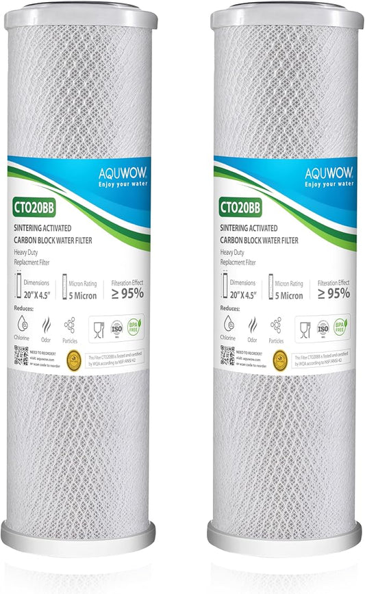 CTO20BB 5 Micron 4.5" x 20" Carbon Block Water Filter Set – Replacement Cartridges for Whole House and Under Sink Systems, Universal Standard Size (2, 20 x 4.5)