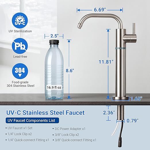 LCF LED UV͎ Ultrąviolët Filtered Water Faucet, Drinking Water Faucet, Reverse Osmosis(RO) Faucet for Kitchen Bar Sink, Reduces Up to 99.9% of Baçtёria, 304 Stainless Steel, Mercury-Free & Lead-Free