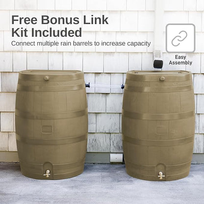 RTS Home Accents 50-Gallon Rain Barrel, Flat Back Rain Water Collection Barrel, Stand and Link Kit Included, Oak Color (2 Pack)