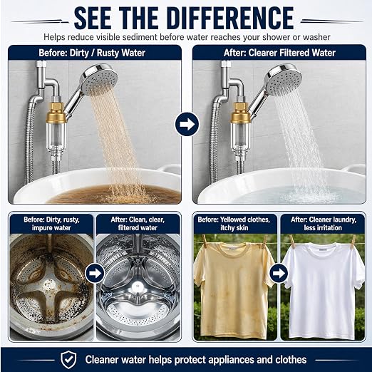 2 Pack Sediment Water Filter for Washing Machine, Reusable | Inline Water Pre-Filter with 3/4" Brass Adapters, 50 Micron Stainless Steel Screen Filter for Water Heaters, Showers, Faucet