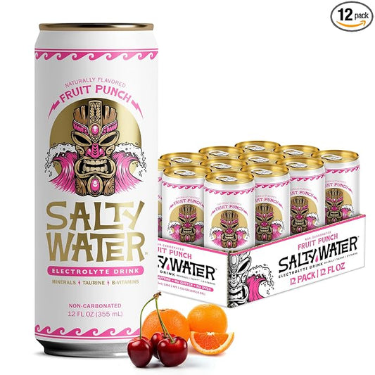 SaltyWater Electrolyte Drink, Fruit Punch – Zero Sugar Premium Hydration Drink, 10 Calories, Minerals, Taurine, B-Vitamins, Non-Carbonated - Zero Caffeine Electrolyte Sports Drink - Gluten Free - 12 Pack (12 oz)