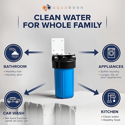 Aquaboon Whole House Water Filter Housing - 5 Micron Pleated Sediment Filter Housing Cartridge - Well Water Filter System for House w/Wrench, Bracket & Pressure Gauge & Release