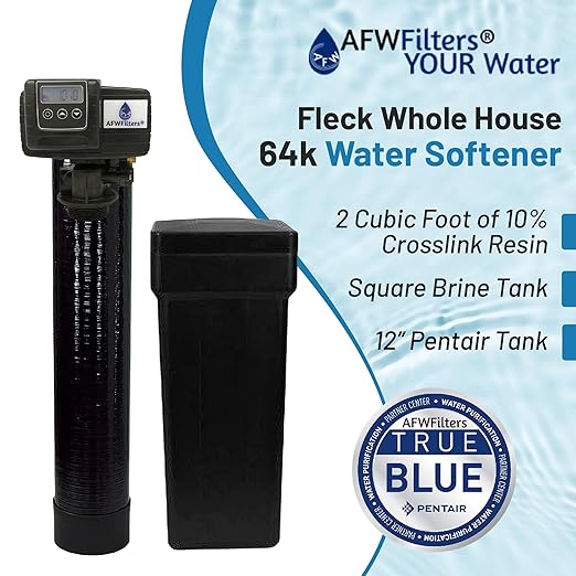AFW Premium Fleck Whole House 64k Water Softener System - Upgraded 10% Resin 5600sxt Metered On-Demand - Efficient Water Softening System with 1" Bypass and Brine Tank - 64,000 Grain Capacity