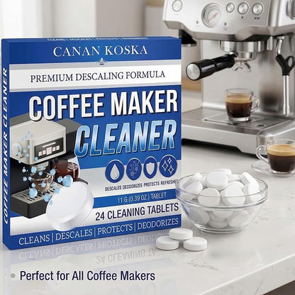 Coffee Machine Descaler Tablets 24 Count – Universal Coffee Maker Cleaner – Removes Limescale, Improves Taste & Performance – Compatible with Most Machines