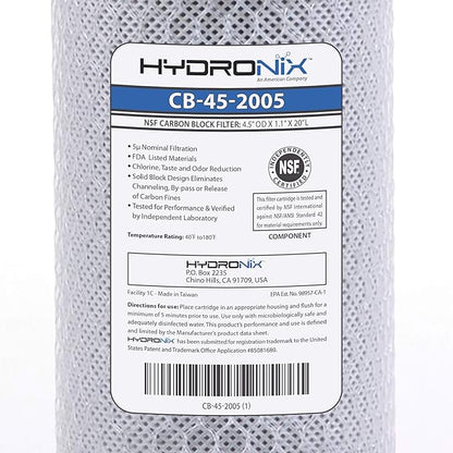 Hydronix CB-45-2005/3 Universal 4.5" x 20” Whole House Water Filter Replacement Cartridge, Commercial & Industrial NSF, Coconut Shell Activated Carbon Block CTO, 5 Micron (3 Pack)