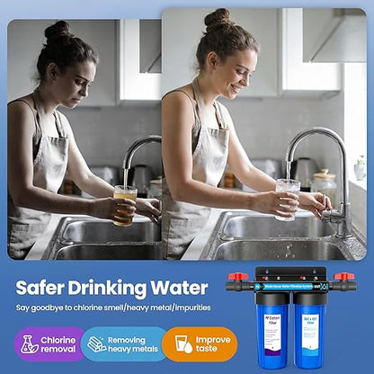 Whole House Water Filter System, 2-Stage Home Water Filtration with GAC & KDF, 3/4" Ports & 2 Valves, Reduces Chlorine Odor, Heavy Metals & Taste, Includes Extra 2 Replacement Filter Sets for Home Use