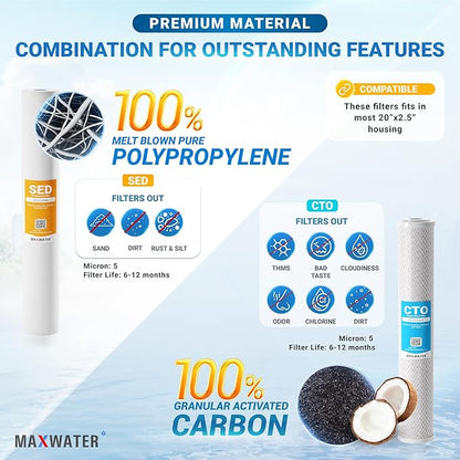 20" Slim Blue Whole House Whole House Anti Scale Filter Set - 20" x 2.5" Polypropylene Sediment, Phosphate Anti-Scale, CTO Carbon Block Water Filter pack, Total of 3 Filters