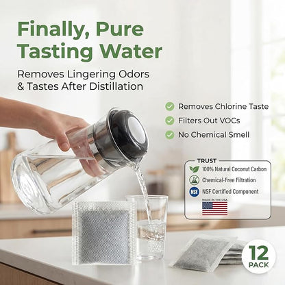 Green Piece® 12 Pack Water Distiller Filters with TDS Meter | Activated Charcoal Carbon Sachets, Made in USA, Compatible with Megahome & Countertop Distillers