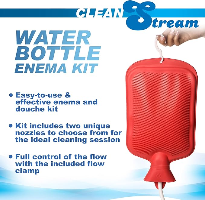 Cleanstream Water Bottle Douche Kit with Enema Tip, Vaginal Tip, 2 Quart Rubber Bottle, 5 Foot Tubing, Shut-Off Clamp, Adapter, Stopper and Hanging Hook for Personal Cleansing
