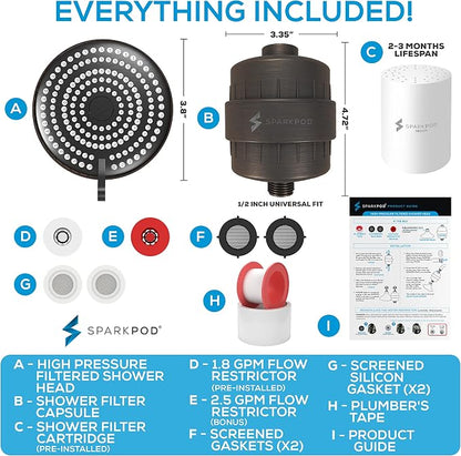 SparkPod 23-Stage Filtered Shower Head with 3 Spray Settings - High Pressure Shower Head with Filters for Dry Hair and Skin - Showerhead with Filter Reduces Chlorine & Heavy Metals (Oil-Rubbed Bronze)