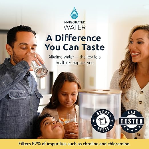 Invigorated Water pH Recharge Glass Alkaline Water Dispenser Filter System - Countertop Purifier Pitcher for Home and Office - High pH Pure Drinking Water Filtration - 36 Cups (Acacia Marble Set)