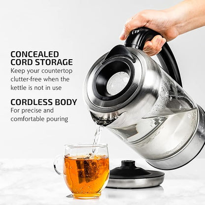 OVENTE Electric Kettle with 1.7L Borosilicate Glass, 1500W Instant Water Boiler and Heater for Coffee or Tea, BPA Free, Easy to Fill Lid, Auto Shut-Off and Boil Dry Protection, Silver KG6120S