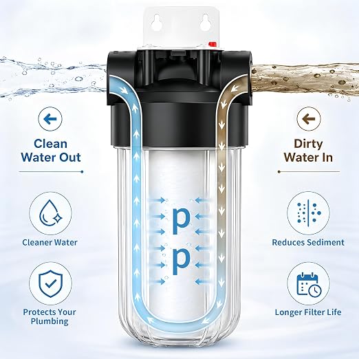 Whole House Water Filter Housing with 1 Pack PP Filter, 10"x4.5" Transparent Housing, Sediment Filter Reduces Sediment, Rust, Dirt, Pre-Filtration System for City and Well Water, Included 2 Vavles