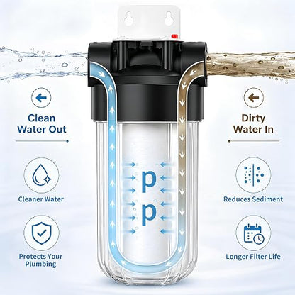 Whole House Water Filter Housing with 1 Pack PP Filter, 10"x4.5" Transparent Housing, Sediment Filter Reduces Sediment, Rust, Dirt, Pre-Filtration System for City and Well Water, Included 2 Vavles