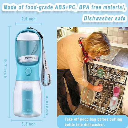 Cibaabo Dog Water Bottle with Food Container & Poop Bag Holder & Filter | Travel Water Bowl, Portable Pet Dispenser, Dog Gifts, Puppy Essentials for Walking Hiking