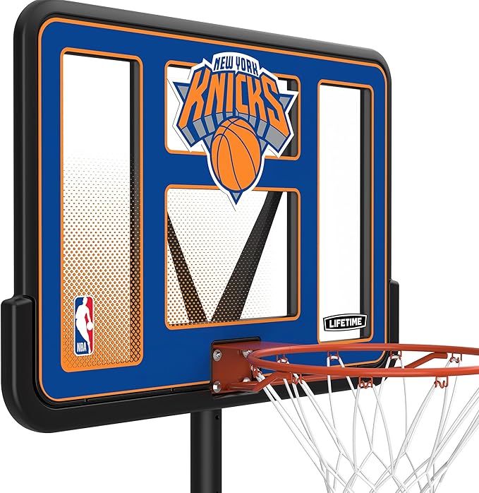 Lifetime NBA New York Knicks Portable Basketball Hoop, Adjustable Height 7.5-10 Ft, 44 Inch Shatterproof Fusion Backboard, Base with Wheels