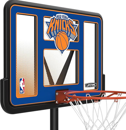 Lifetime NBA New York Knicks Portable Basketball Hoop, Adjustable Height 7.5-10 Ft, 44 Inch Shatterproof Fusion Backboard, Base with Wheels