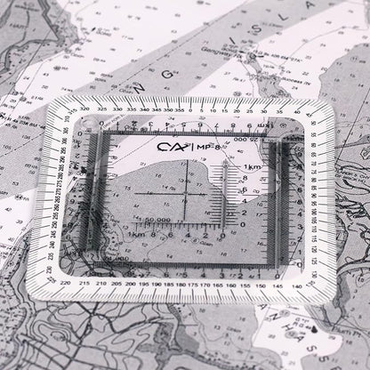 CYA MP-8 Square Military Map Coordinate Scale Protractor - 7x7cm UTM Tool | Square 7x7cm UTM map protractor for 1:24k, 1:25k & 1:50k scales. Features degree compass rose & white edge for navigation.