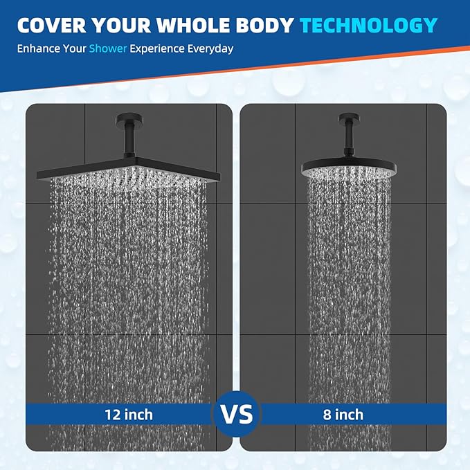 Hibbent cUCPC Certified Metal Rain Shower Head, 12'' High Pressure Shower Heads, Square Large Bathroom Rainfall Shower Head with Adjustable Brass Ball Joint, Waterfall Full Body Coverage, Matte Black