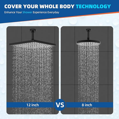 Hibbent cUCPC Certified Metal Rain Shower Head, 12'' High Pressure Shower Heads, Square Large Bathroom Rainfall Shower Head with Adjustable Brass Ball Joint, Waterfall Full Body Coverage, Matte Black