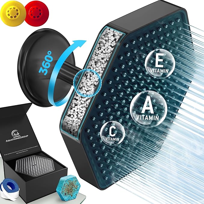 AquaHomeGroup Luxury Rain Shower Head with Filter - Reduces Chlorine, Rust and Sediment - Vitamin C E and A - High Pressure - Spa Effect - Black
