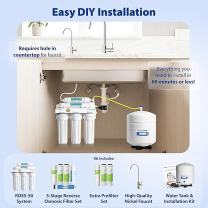 APEC Water Systems ROES-50 Essence Series Top Tier 5-Stage WQA Certified Ultra Safe Reverse Osmosis Drinking Water Filter System with Extra High Capacity Pre-Filter Set Stage 1-3