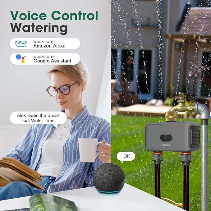 Smart Hose Timer for Garden with Brass Inlet, Water Timer with WiFi Hub, APP & Voice Control, Up to 20 Watering Plans, 2-Zone Sprinkler Drip Irrigation System Controller for Yard Lawn Watering