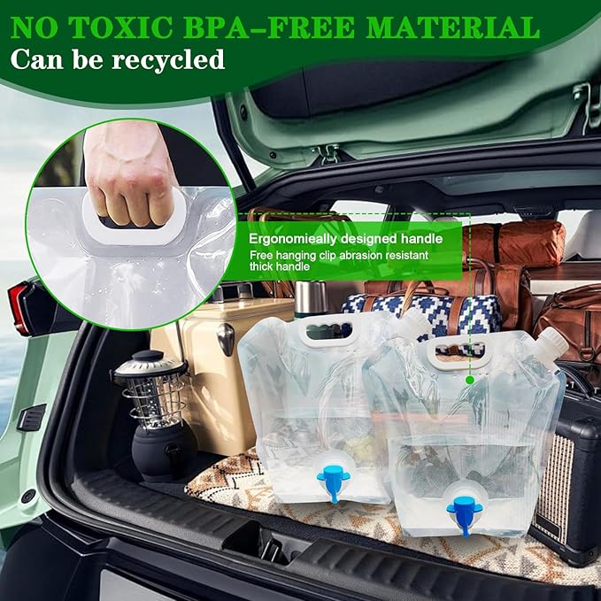 Cooltto Premium Collapsible Water Container Bag, BPA Free Food Grade Clear Plastic Storage Jug, No-Leak Freezable Fold-able Water Bottle for Camping, Hiking, Backpacking, Emergency