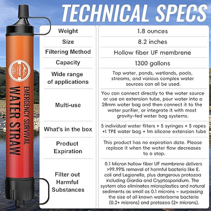 Emergency Water Filter Straw, Personal Survival Water Filtration System, Water Purifier, Outdoor Survival Gear and Equipment for Hiking Camping Accessories Cycling Fishing Preparedness (3PCS)