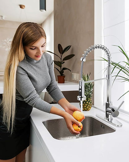 Kitchen Faucet with Pull Down Sprayer: Chrome 3-Function Kitchen Sink Faucet for 1 or 3 Hole - Stainless Steel Single Handle Spring Kitchen Faucets with Deck Plate for Farmhouse RV Laundry