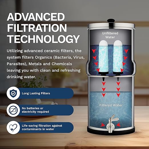 Survivor Filter Ultra Gravity Water Filter System - Stainless Steel Countertop Gravity Fed Water Filter, 2.25 Gallon, for Home and Outdoors - Removes Bacteria, Viruses, and Parasites