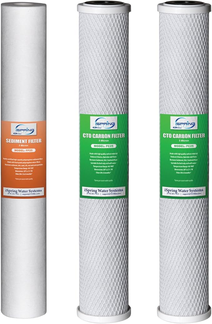 iSpring Whole House Water Filter System, Reduces Chlorine, Sediment, Taste, Odor, 3-Stage Whole House Water Filtration System w/ 20"x2.5" Water Filters and Clear 1st-Stage Housing, Model: WCB32C | Replacement Sediment Two Carbon Block Cartridges Fits W...